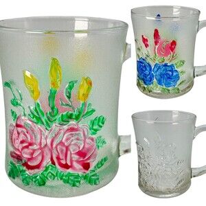 Frosted Rose Clear & Painted Glass Mugs Cups Indonesia Embossed Set of 3